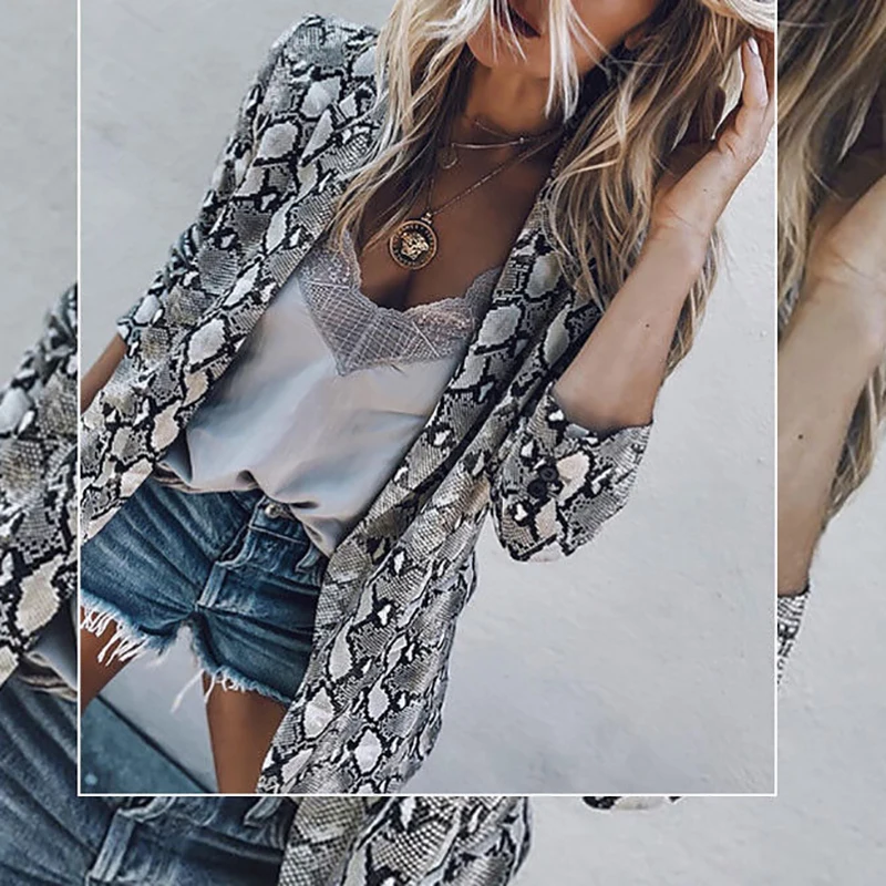 2019 المرأة الأفعى طباعة السترة السيدات معطف جاكيتات بدلة طويلة الأكمام قمم قميص زي عارضة الخريف أزياء ربيع جديد بيع