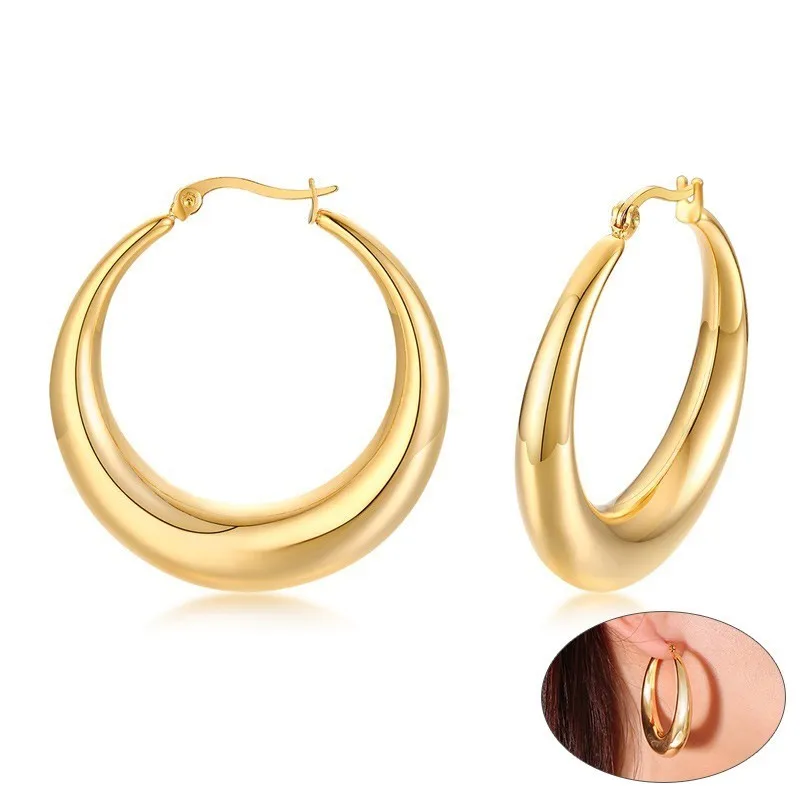 

Fashion Gold Tone Earrings for Women Party Jewelry Simple Stainless Steel Big Round Hoop Earrings aretes Gifts for Her