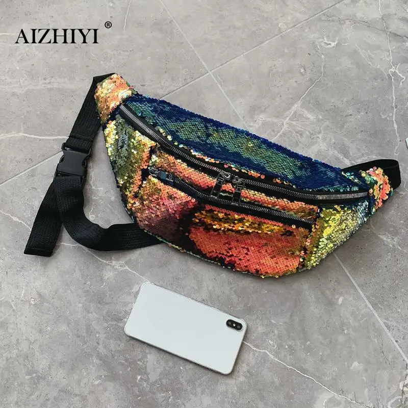 

Sports Sequins PU Leather Chest Bags For Women 2019 Glitter Shoulder bags for Girls Large Capacity Chest Pouch Shoulder Bum Belt