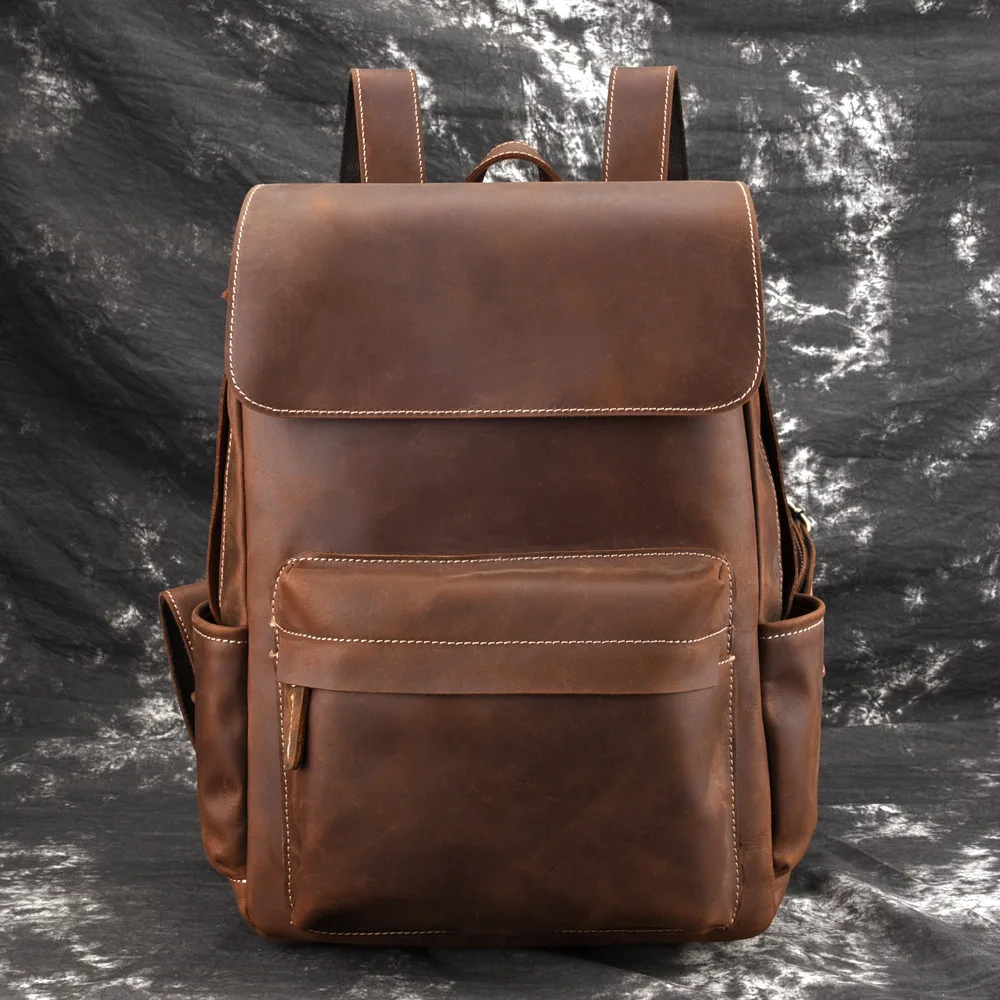 

High Quality Crazy Horse Cowhide Backpack School Daypack Book Bag Vintage Trend Male Travel Knapsack Genuine Leather Men Rucksac