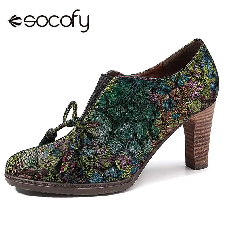 SOCOFY/Винтажные туфли-лодочки из натуральной тисненой кожи с бантиком-бабочкой и эластичной строчкой на молнии; весенние женские туфли-лодочки на молнии