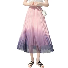 Милая модная женская юбка сетка; с высокой талией сезон яркие шелковые плиссированные студенческие длинные юбки Белый Розовый Черный абрикосовый 938
