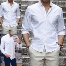 Стиль Модные популярные мужские Ультра-тонкие хлопковые льняные одноцветные повседневные рубашки с длинным рукавом Топы на пуговицах