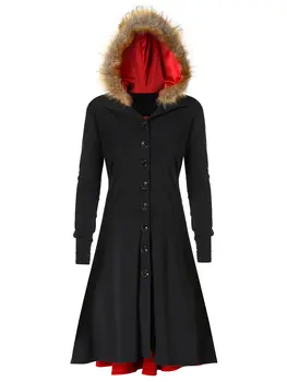 

Wipalo Women Plus Size 5XL Back Lace Up Single Breasted Fuzzy Hooded Coat Casual Solid Fleece Contrast Long Trench Ladies Coat