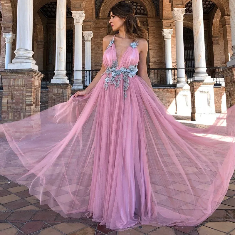 Sexy Spaghetti Strap Deep V Tulle Long Dress Elegant Backless Court Train Flowers A Line Dress Special Occasion Prom Gowns