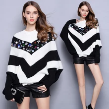 New 2018 Autumn Winter Runway Sweater Women's Elegant Long Lantern Sleeve Striped Mohair Wool Blended O-neck Collar Pullovers New 2018 Autumn Winter Runway Sweater Women's Elegant Long Lantern Sleeve Striped Mohair Wool Blended O-neck Collar Pullovers