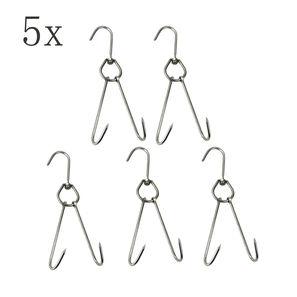 

MagiDeal 5pcs Stainless Steel Silver Butcher Hook Meat Ring 3-Hook Pot Hanger For hanging pots baskets Kitchen Hooks
