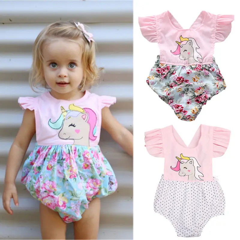 

Newborn Infant Kids Baby Girls Boys Summer Cute Bodysuits Ruffles Short Sleeve Cartoon Print Jumpsuits 2 Style