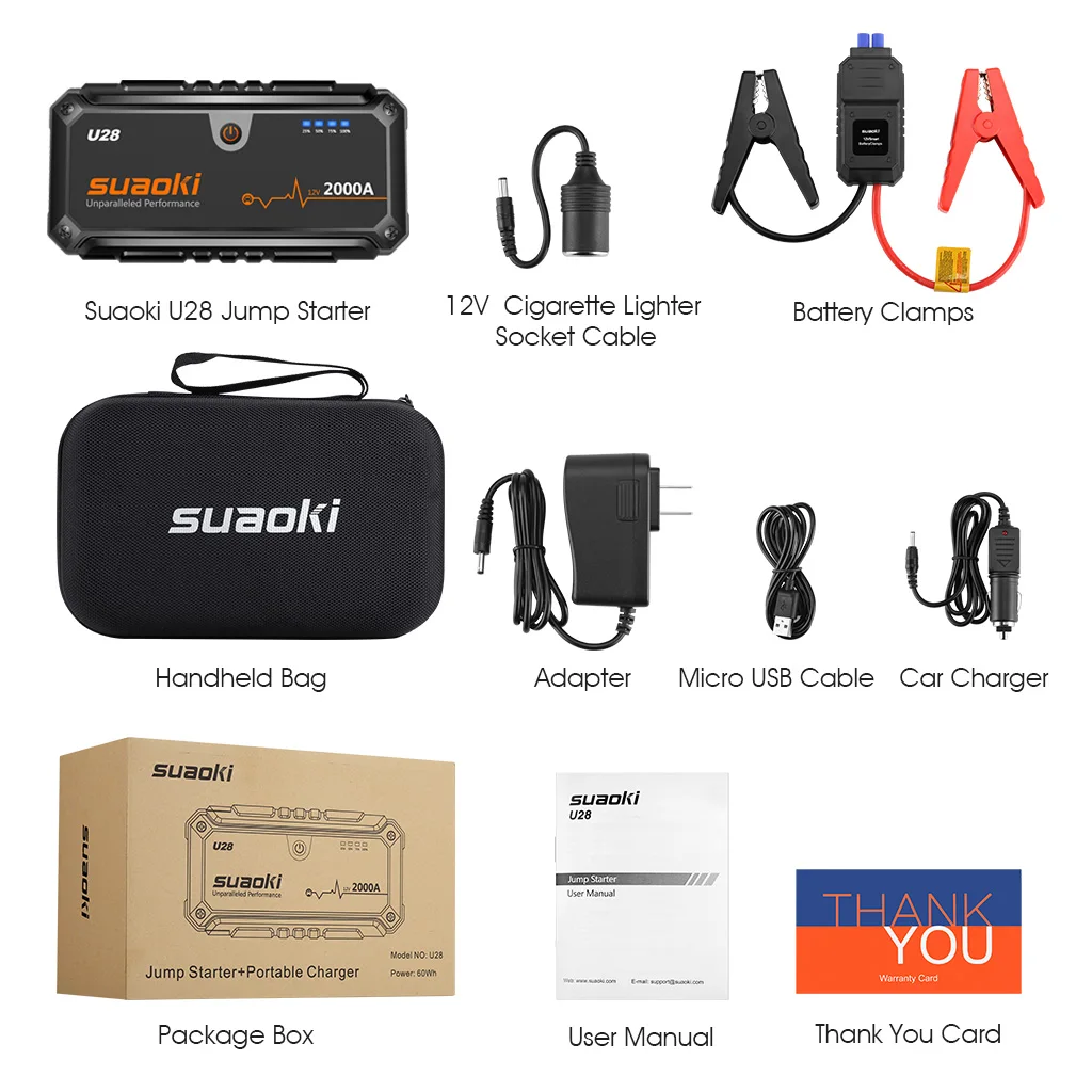 Suaoki U28 автомобильный стартер 2000A Пиковый стартовый пакет USB внешний аккумулятор