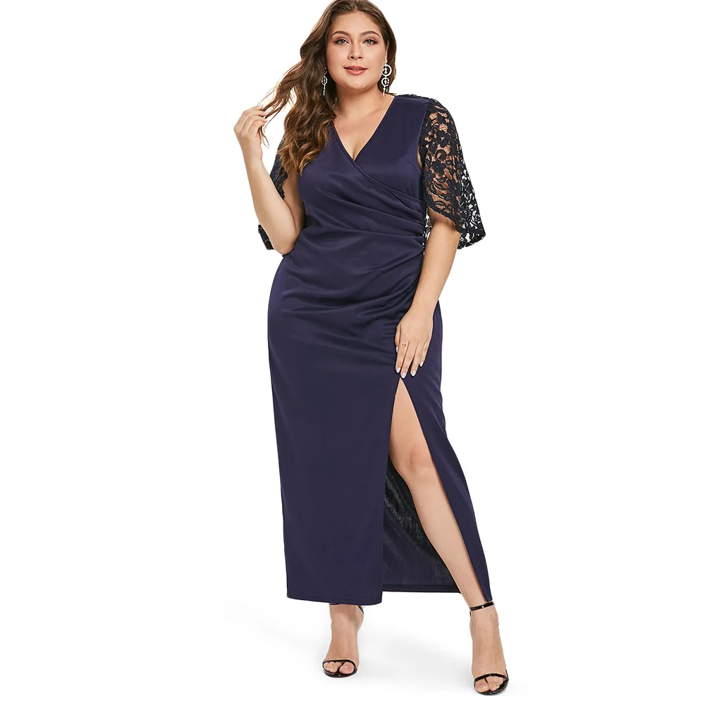 

Spring Women Plus Size Dress Front Slit Evening Party Prom Gown Lady Formal Straight Long Dress V-Neck Lace Sleeve Maxi Dresses