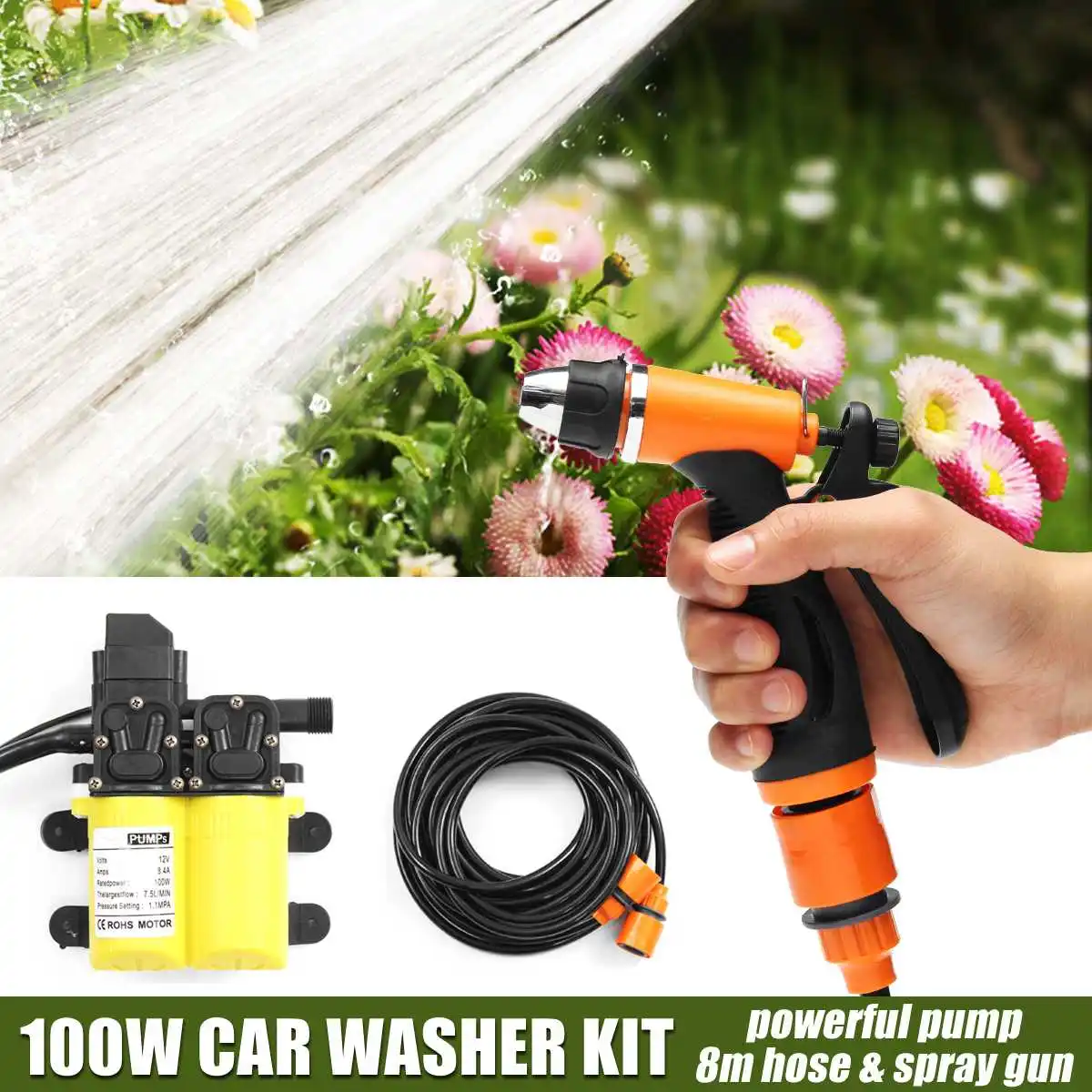 

12V 100W Car Washer High Pressure Car Electric Washer Pump Kits + Car Cigarette Charger with 4.5M Line