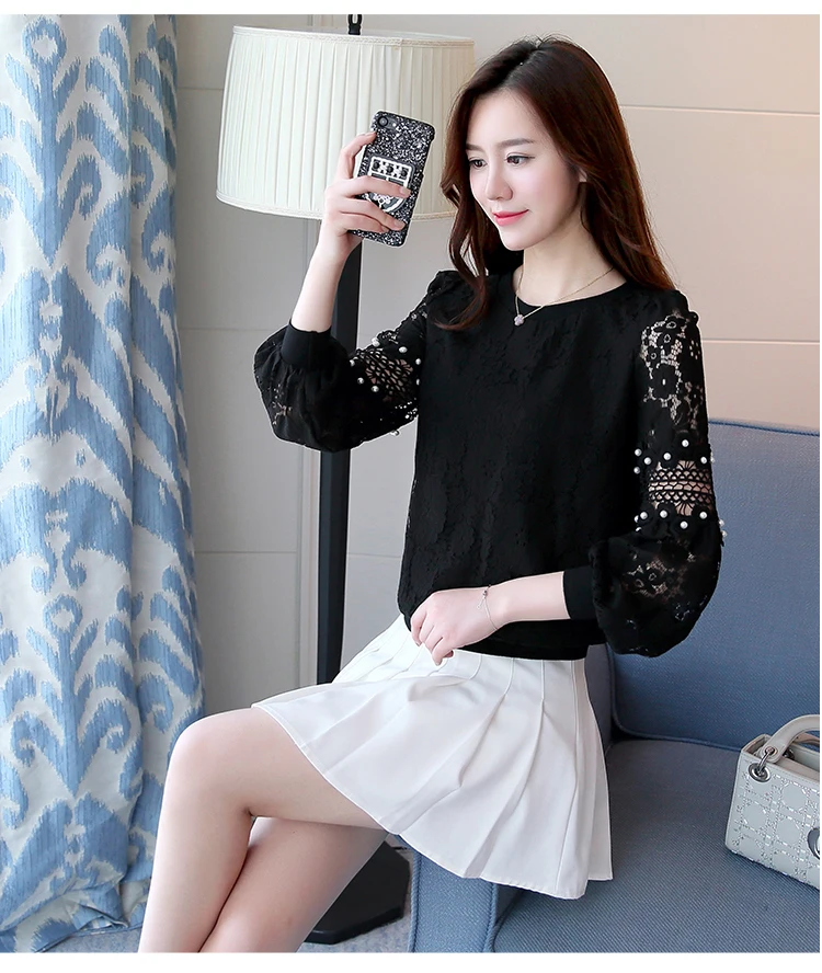 2017 Autumn new fashion casual women lace bottoming shirt round neck loose long-sleeved lace women blouse top blosas 668C 30
