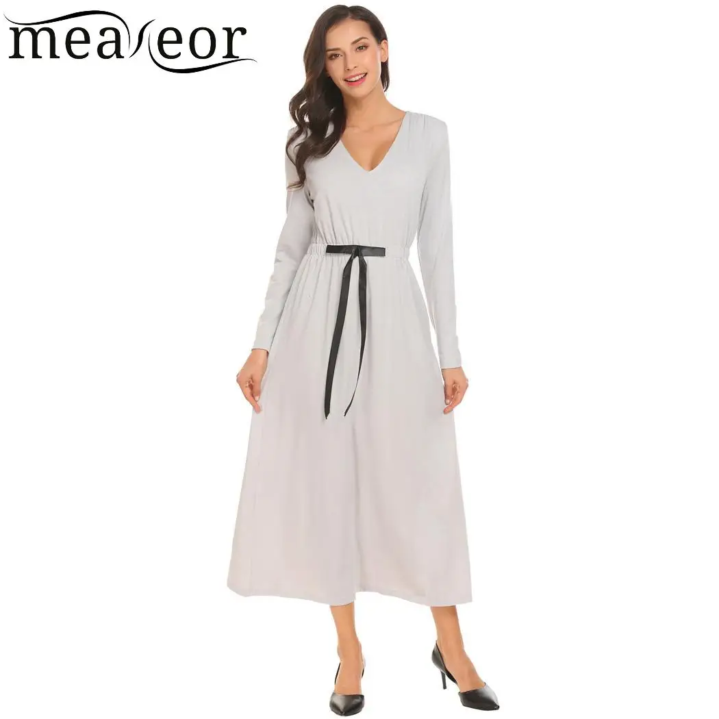 

meaneor Dress Women Solid Color Casual V Neck Long Sleeve High Waist Contrast Midi Bow Decor Dress Female Vestidos