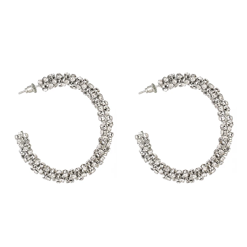 

Hot sale silver round crystal hoop earrings handwork twine Valentine's Day party big circle bride large rhinestones gift E629