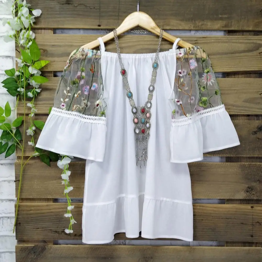 

Fashion Women Shirt Off Shoulder Blouse Flower Embroidered Half Sleeve Solid Color Top