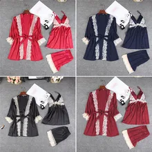 Осенний пижамный комплект из 3 предметов, женская сексуальная пижама, ночное белье для женщин с кружевным ремешком, ночное женское белье, комплект