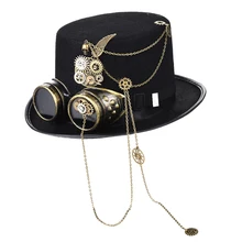 Cappello Steampunk con occhiali Vintage uomo cappello a cilindro nero gotico Halloween donna catene Fedora elegante cappello Head Wear Costume Party