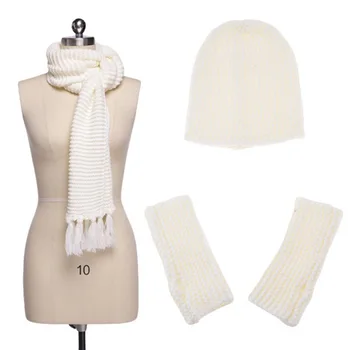 

Warm Woolen Scarf Glove Hat Beanie Set Solid Color 3 Piece Winter Set for Women New