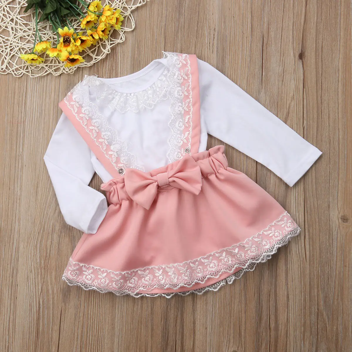 

Lace Baby Girl Clothes Kid Girl Suspend Long Sleeve Romper Bow Princess Party Skirt Dress Newborn Clothes Solid Casual Outfit