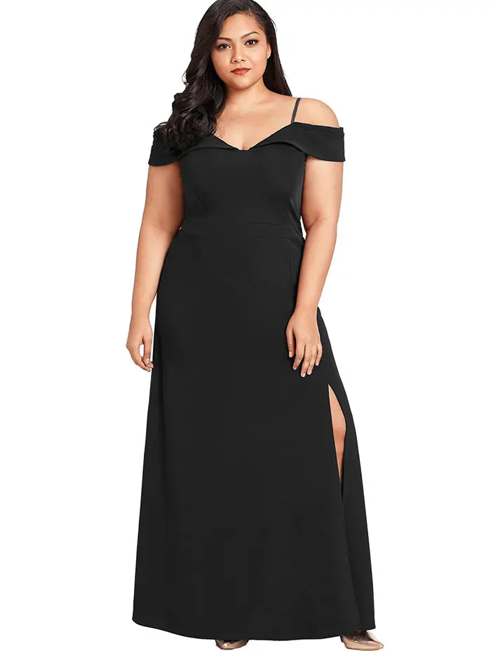 

Rosegal Plus Size Cold Shoulder Slit Maxi Dress Women Dress Casual Spaghetti Strap Short Sleeves Ankle-Length Dresses Vestidos