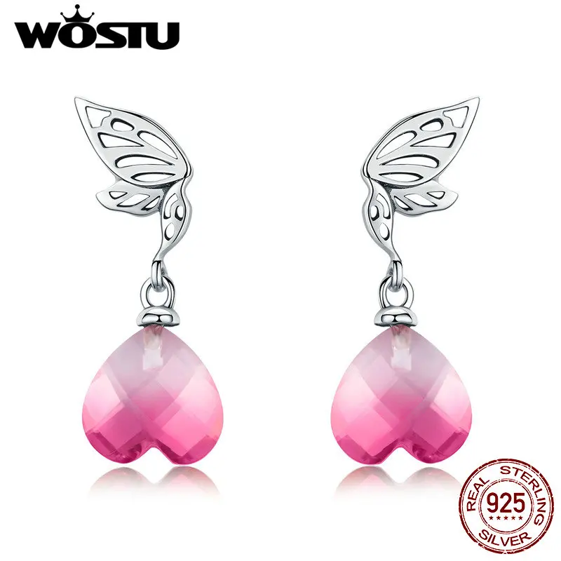 

WOSTU Hot Fashion 925 Sterling Silver Pink Wings Of Hope Drop Earrings For Women Anniversary Original Brand Jewelry Gift CTE015