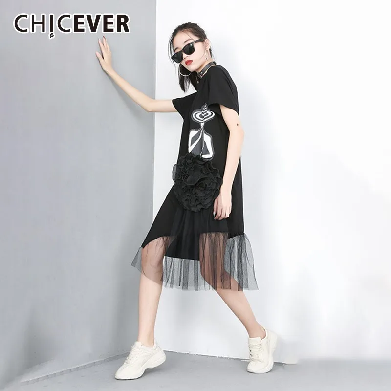 

CHICEVER Spring New Print Pullove Women T-shirt Dress O Neck Short Sleeve Irregular Mesh Hem Slim Female Dresses 2019 New