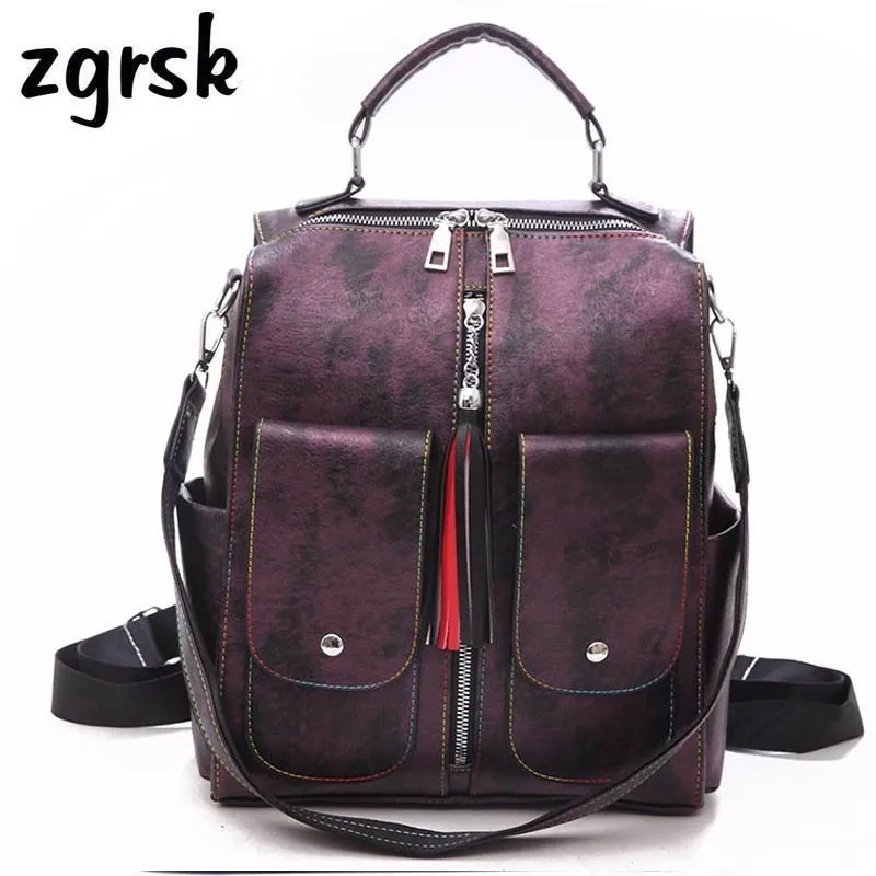  Soft Leather College Backpack Woman Fashion Female Backpack Bag Large Capacity School Bag Tassel Mo - 32964535080