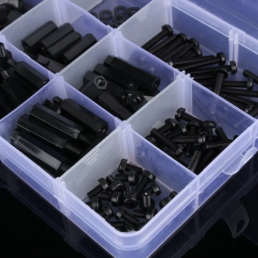 260Pcs/Set M3 Nylon Hex Spacers Screw Nuts Bolt Assortment Kit Stand-off Set With Box Black | Обустройство дома
