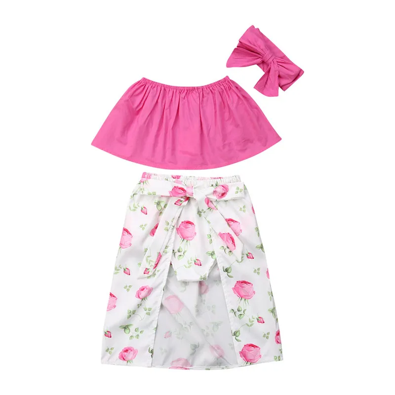 

Summer Kids Baby Girls Clothes Outfits Fashion Strapless Crop Tops+Floral Bottom Skirts+Bow Headband 3Pcs Girl Party Sets 6M-5Y