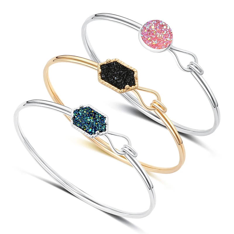 

Bracelet Cuff Bangle Charm Druse Women Ladies 1pc New Jewelry Geometric Natural Stone Plated Gift Gold Silver Quartz