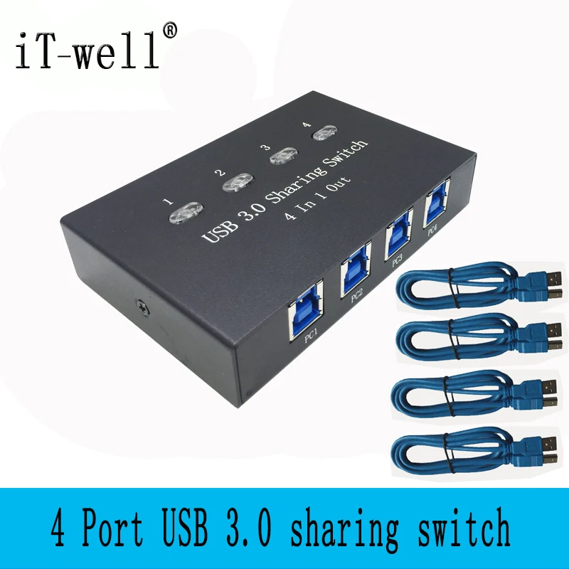 

iT-well USB 3.0 Manual Sharing Switch KVM Switcher Adapter Box 4 Computer Share 1 USB Device Hub Printer Scanner with 4 Cables