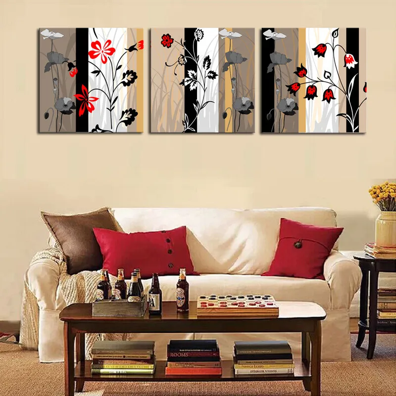 85 49 De Réduction3 Pièce Moderne Abstrait Gris Rouge Fleurs Art Peinture Maison Salon Mur Décoration œuvre Hd Imprimer Photo Toile Sans Cadre In