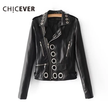 

CHICEVER Autumn PU Leather Women Jacket Female Coat Hollow Slim Black Plus Size Short Women's Basic Coats Clothes Fashion New