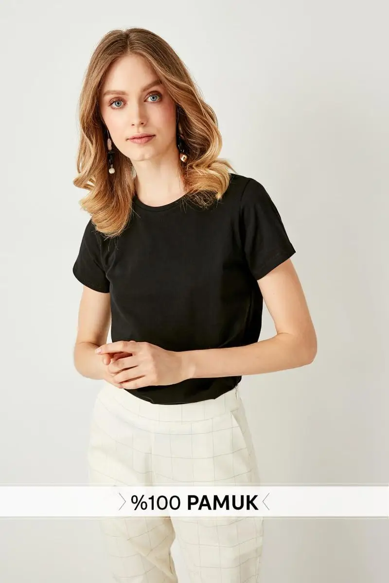 Trendyol черный велосипед шеи хлопок Базовые Трикотажные футболки TWOSS19BO0065|Футболки| |