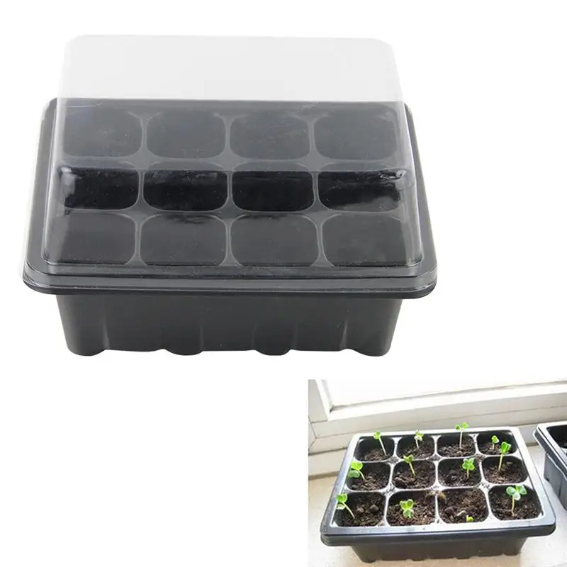 

OUNONA Seedling Tray Sprout Plate 12 Cavity Nursery Pots Tray Lids Box For Gardening Bonsai 19 x 15 x 9.5CM (Black)