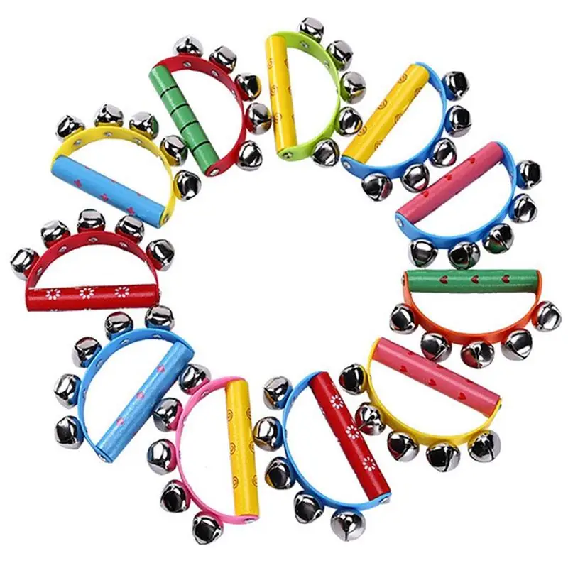 10 шт. яркий цвет Jingle Bells сани с колокольчиками инструмент на деревянной ручкой для маленьких детей Детские музыкальные игрушки