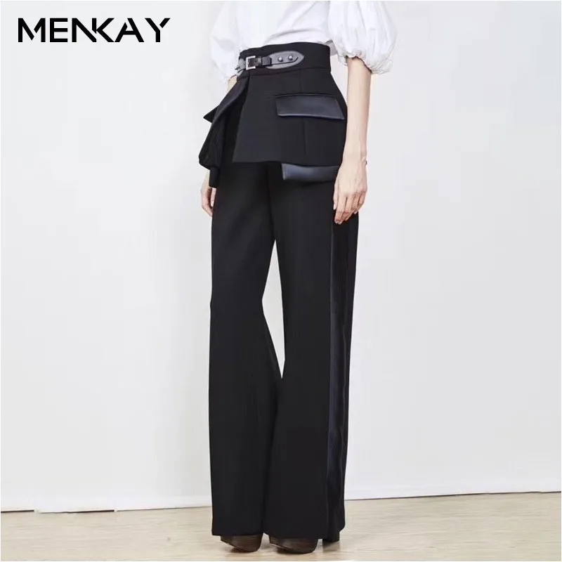 

MWNKAY 2019 Spring Trouser For Women's Wide Leg Pants With Belts High Waist Loose Hit Colors Pants Female Elegant Clothes