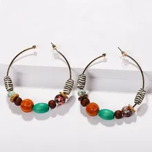 Pink Ethnic Beads Statement Hoop Earrings Women Bohemia Hoop Pendant Earrings Vintage Charms Drop Earrings