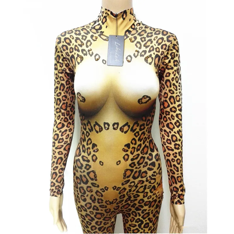 Тигровый Леопардовый сексуальный женский комбинезон сценический Леопардовый принт трико зентай боди вечерние ночной клуб костюм для танцев