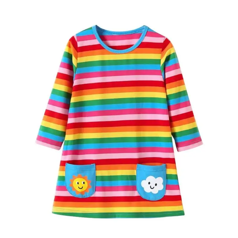 

Colorful Stripe Girls Dress Long Sleeve Children Clothing Kids Baby Knee-length Dresses with Pockets Sweet O-Neck Child Clothes