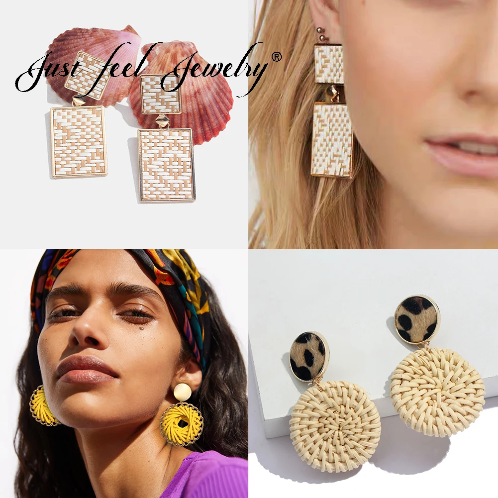 

JUST FEEL 2019 New Bohemian Handmade Rattan Knit Dangle Earrings For Women Mix Color Wedding Ethnic Drop Earring Party Jewelry