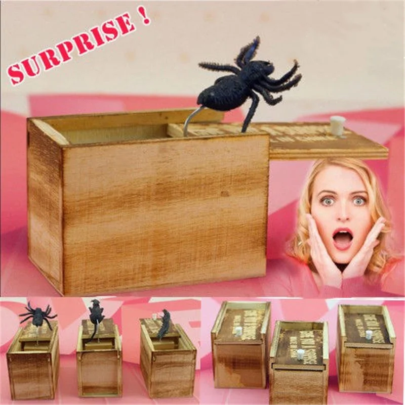 1PC Hot Wooden Horror Prank Spider Scare Box Gag Toys Hidden in Case