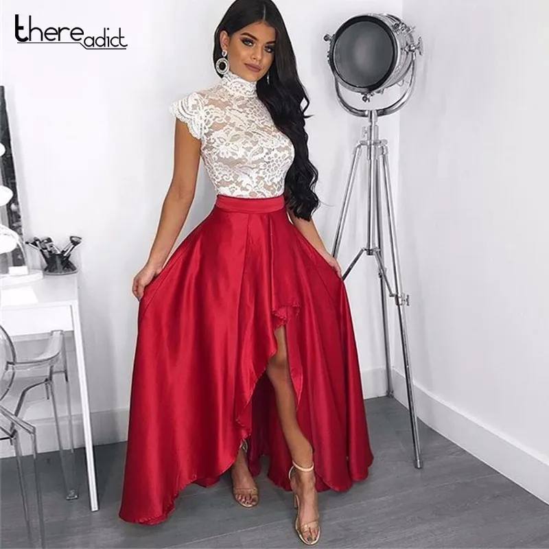 

Long Pleated Dress Runway 2019 Women Party Dress Fishtail Irregular Lace And Satin Patchwork Celebrity Party Vestidos
