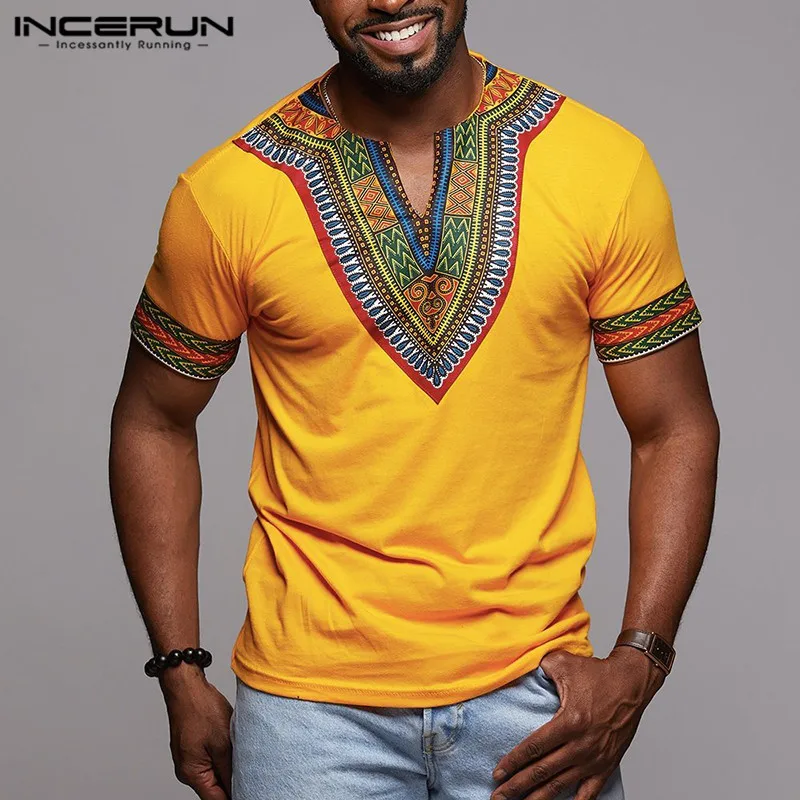 Fashion Men Short Sleeve Shirt V-Neck African Dashiki Tribal Casual Top T-shirt