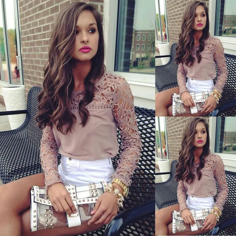 

Fashion Casual Womens Summer Long Sleeve Lace Shirt Blouse Ruffle Ladies Loose Crew Neck Tops Khaki
