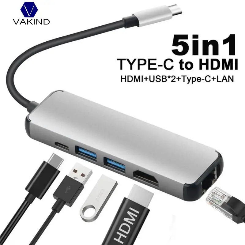 

5 in 1 Type C HUB Type-C to USB3.0 HDMI RJ45 Gigabit Ethnernet Type-C Adapter Cable for Laptop Notebook