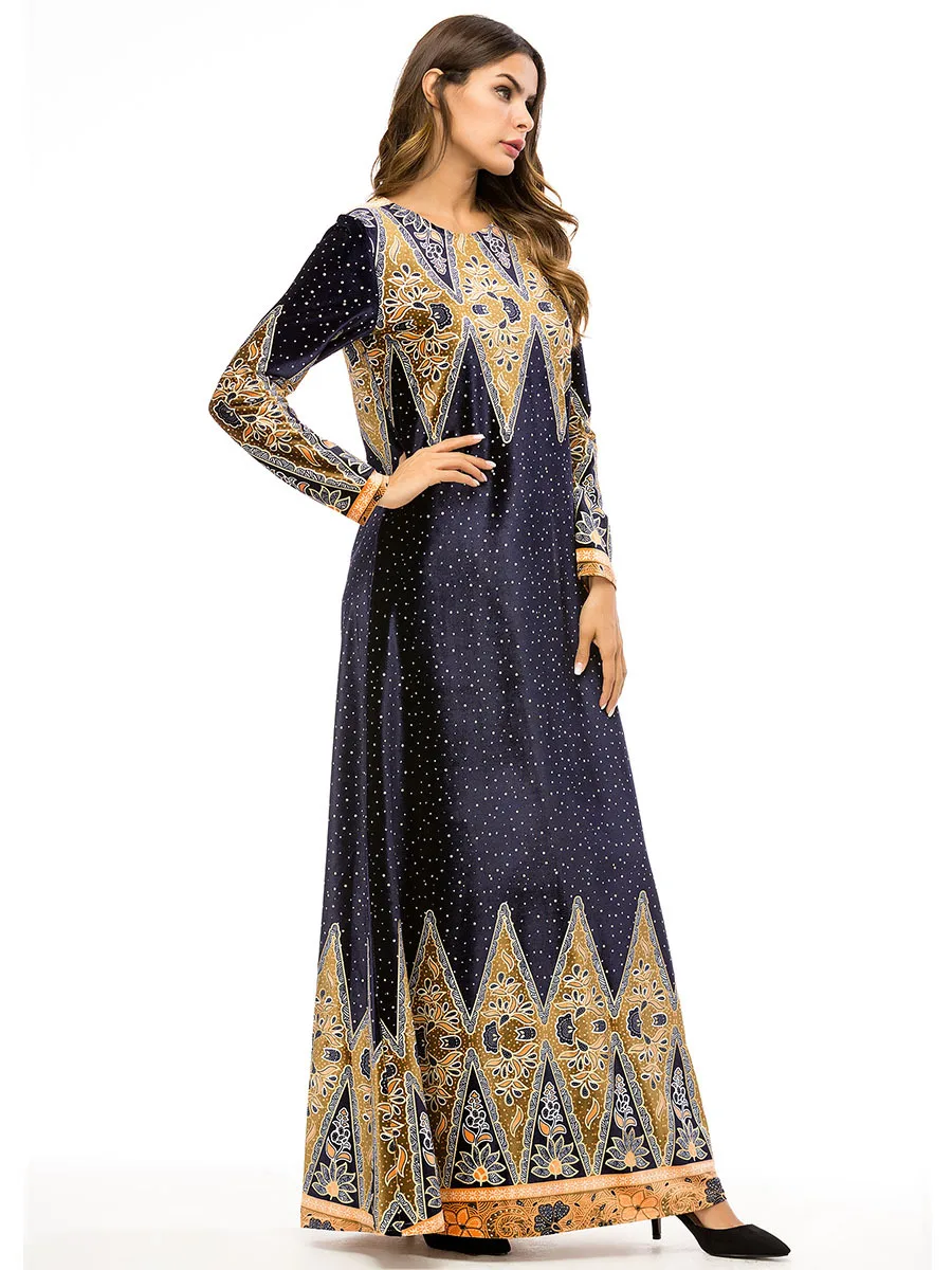 

Kaftan Dubai abaya Velour Women Party Long robe Ankle-Length Round Neck Long Sleeve Casual Maxi Dresses High Waist Swing Dress