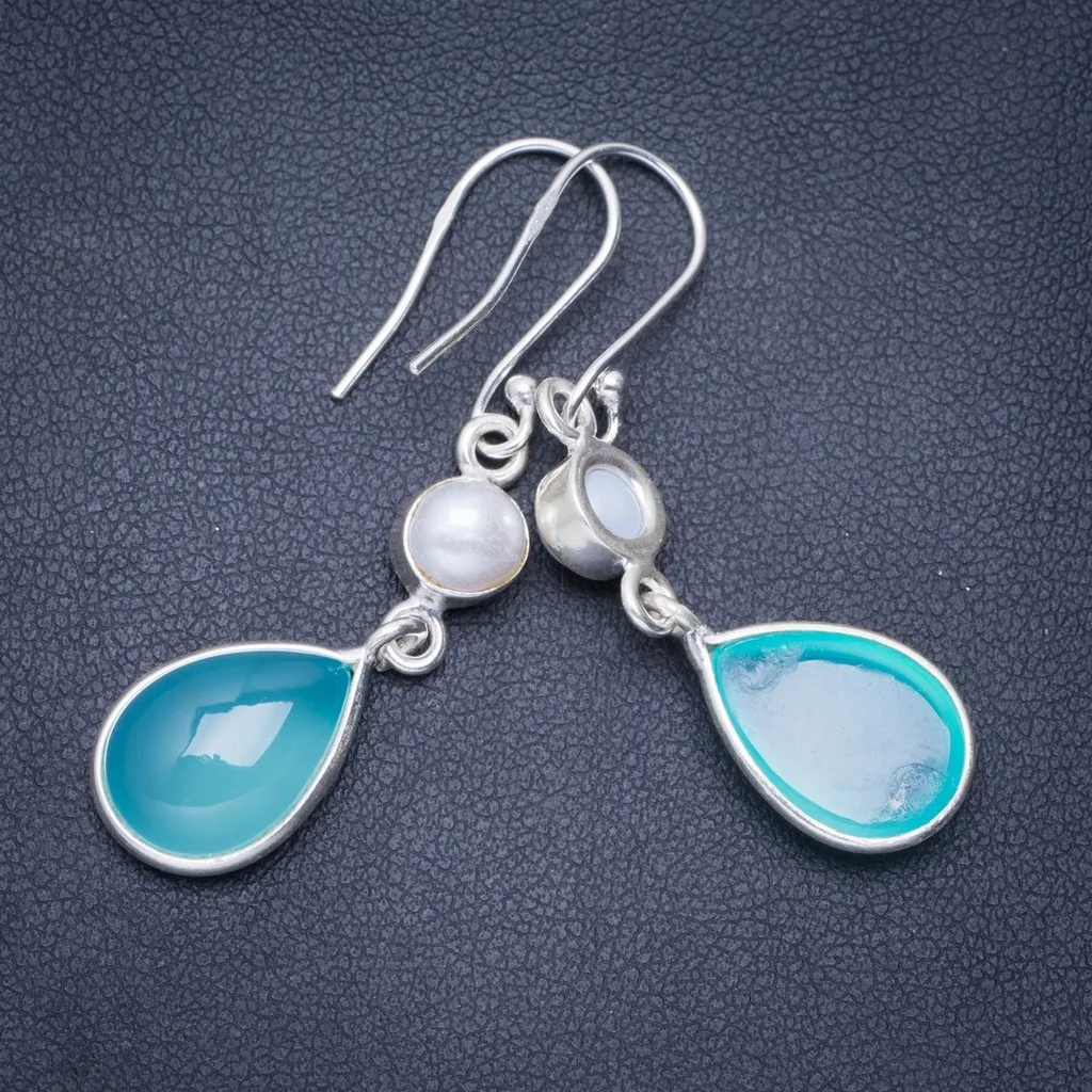 

Natural Chalcedony and River Pearl Handmade Unique 925 Sterling Silver Earrings 1.75" A0792