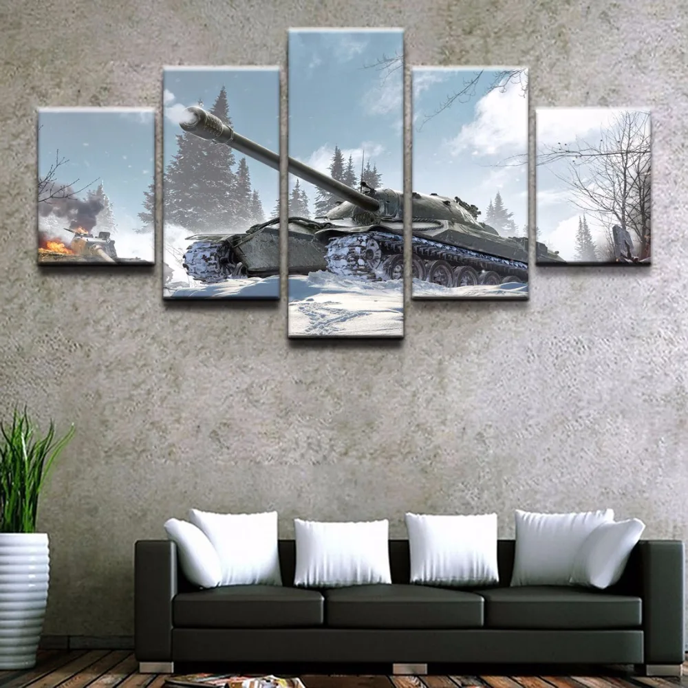 

Modern Printed Painting Wall Art Picture For Living Room Decor 5 Panels War World Of Tanks Canvas Painting Home Decorative