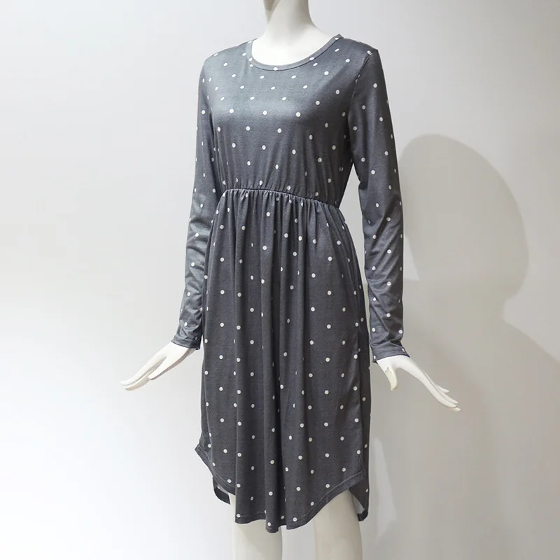 

2019 Women Dress Spring Pocket Elegant Knee-length Dress High Quality Casual Long Sleeve O-neck Dot Printed Loose Dress Vestidos